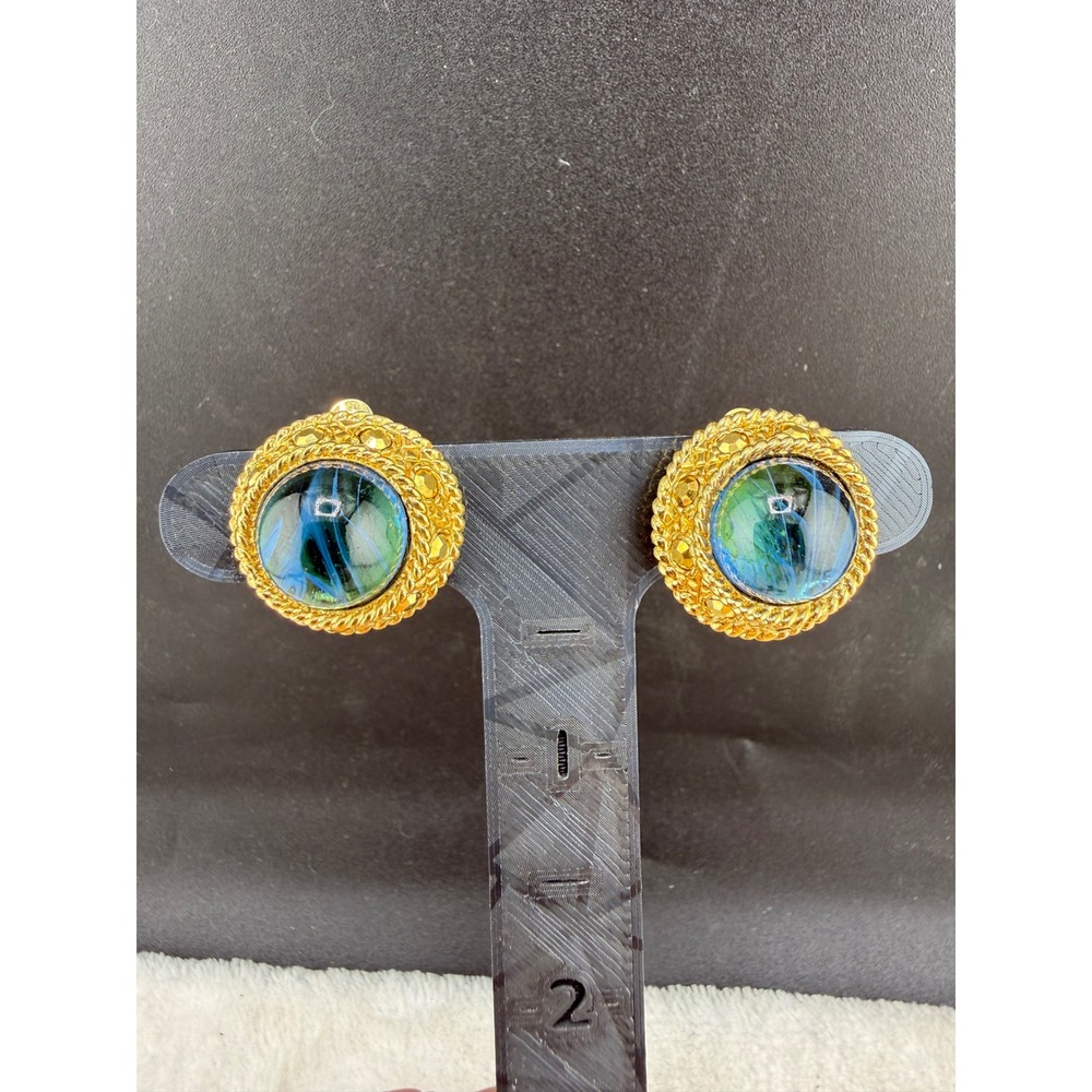 Vintage St.‎ John Earrings Gold Blue Green Glass Swirl Round Clip On 1in
